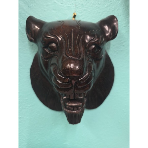 Carved Wood Tiger Head Wall Hanging Decor 8" x 7" Dark - Picture 1 of 11